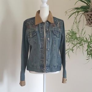Boho embroidered distressed denim jean jacket Size M